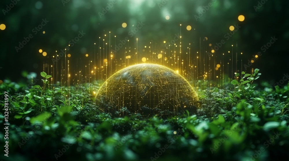 Leinwandbilder a glowing sphere surrounded by greenery emits light in a forest. the atmosphere blends nature with t