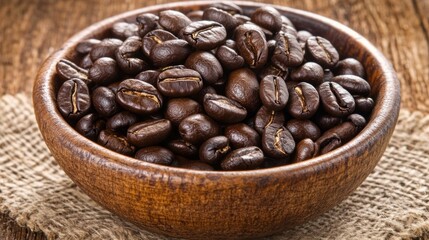 Fototapeta premium Aromatic coffee beans in rustic wooden bowl, ready for grinding and brewing