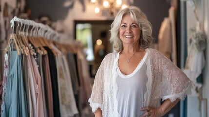 Woman celebrates her new fashion boutique launch featuring elegant designs in a stylish setting