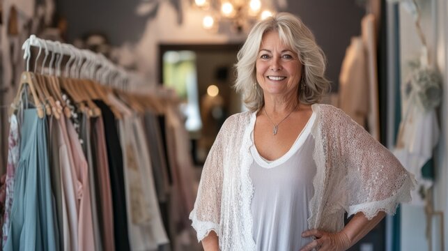 Woman celebrates her new fashion boutique launch featuring elegant designs in a stylish setting