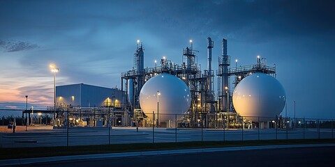 A beautiful photograph of an oil and gas petrochemical plant at sunset, featuring white silos, towering tanks, large billowing pipes, and glowing lights.