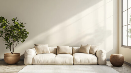 Fototapeta premium A wabi-sabi-inspired living room with a sleek modern couch positioned against a blank wall, ideal for an interior mockup. 3D render