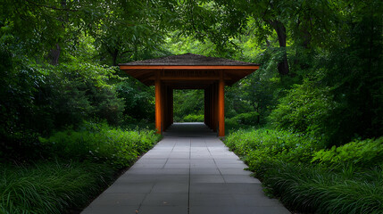 Arched Wooden Arbor Entrance in Lush Green Garden along a Stone Pathway with Sunlight and Shadows