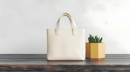 White Tote Bag Mockup With A Yellow Potted Succulent Plant On A Rustic Wooden Table In A Minimalist Home Decor Setting
