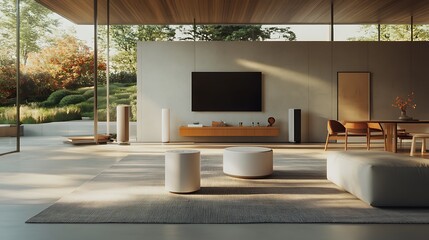 Modern minimalist living room with natural light and greenery