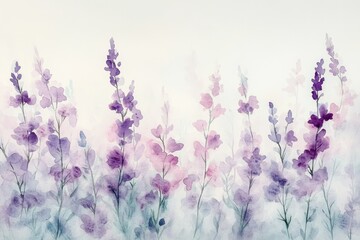 Obraz premium Watercolor painting of delicate purple and pink flowers, creating a serene and dreamy floral scene.