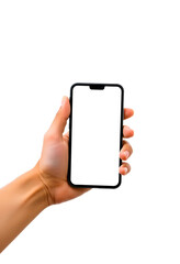 hand holding a mobile phone isolated with blank screen