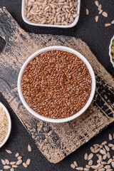 Flax seeds in a bowl, an ingredient for making vegan or vegetarian food