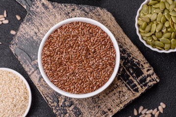 Flax seeds in a bowl, an ingredient for making vegan or vegetarian food