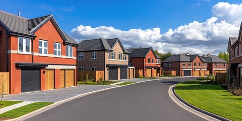 A row of modern, newly built brick houses in the UK with a central garage and driveway on an empty street. The bricks used to make these buildings have a dark red coloring
