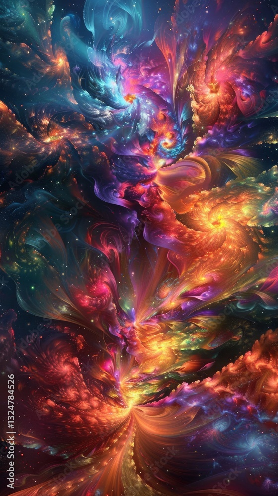 Poster psychedelic fractal explosion showcasing vibrant swirling colors and intricate patterns in a mesmeri