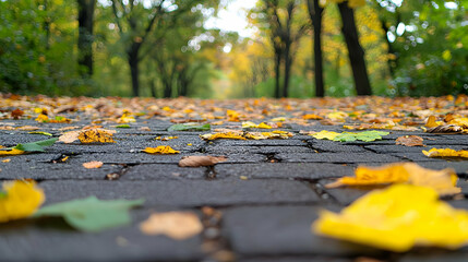 Fototapeta premium Autumnal Scene Featuring Paved Path Lined With Trees and Colorful Fallen Leaves Outdoors