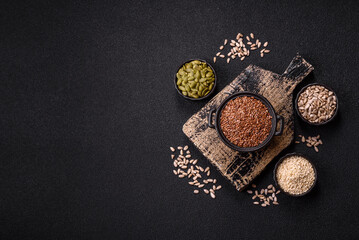 Flax seeds in a bowl, an ingredient for making vegan or vegetarian food