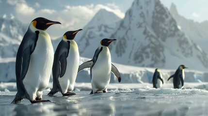 Obraz premium Group of penguins waddling along an icy coastline, black and white feathers, Antarctic wildlife, frozen landscape