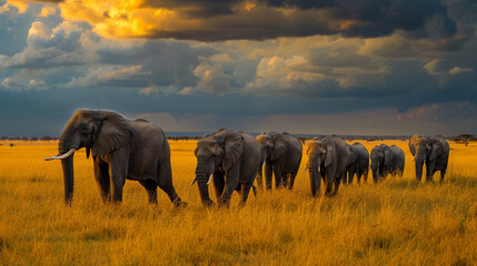 Fototapeta premium Herd of elephants moving through the vast African savanna, strong family bonds, golden sunset light