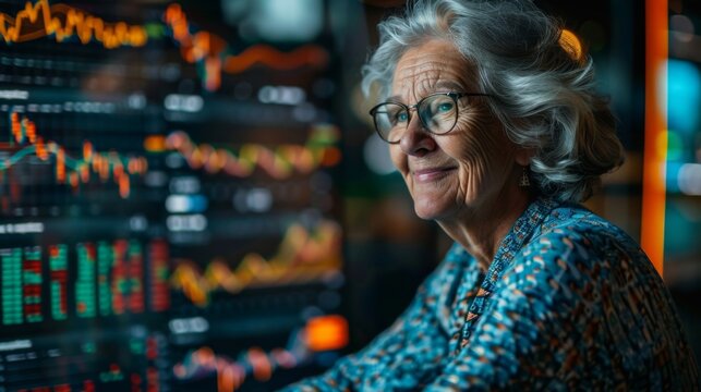 Retired woman smiles confidently while reviewing her investment portfolio on a laptop at home during evening hours