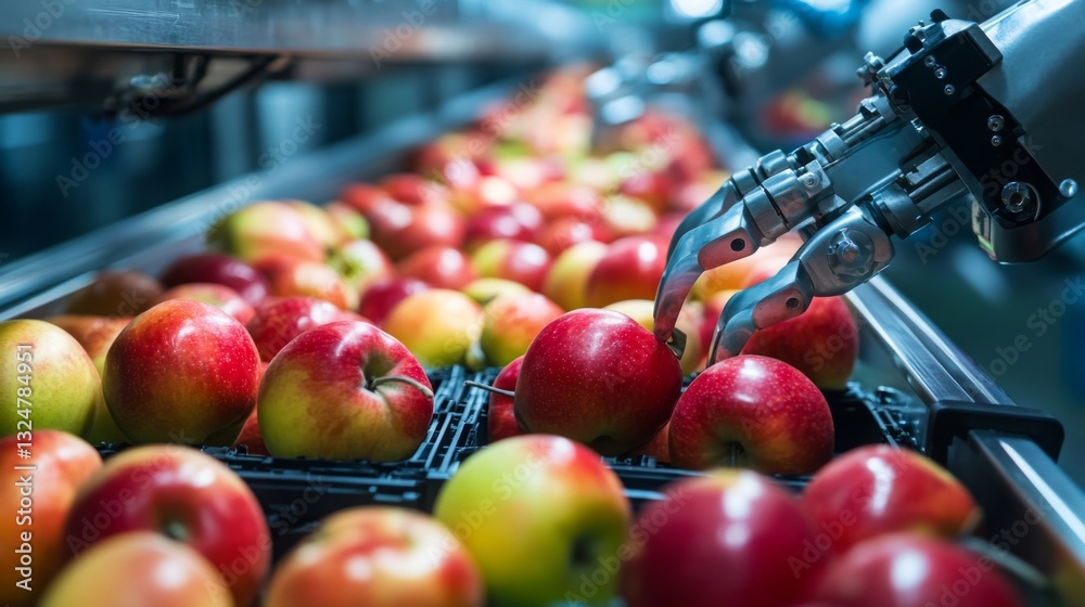 Fototapete Robotic arms equipped with artificial intelligence sort fresh apples on a production line. The process showcases automation in the food industry, ensuring quality and speed in handling produce.