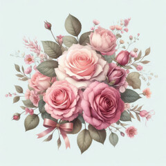 Fototapeta premium Elegant bouquet featuring roses in pink, peach, and cream shades, adorned with blue and pink flowers, creating a harmonious and vibrant floral display