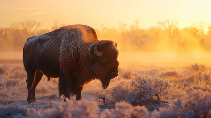Lone bison standing in a frost-covered prairie, strong muscular build, harsh winter environment