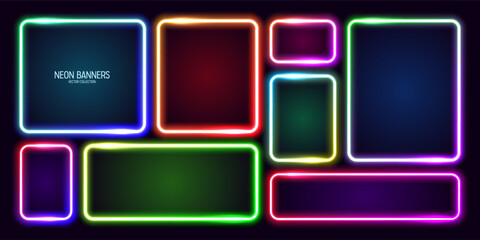 Colorful glowing neon banners, illuminated square frames. Shiny vibrant border, glow effect. Purple vintage retro lights, night illumination. Modern futuristic UI design elements. Vector illustration