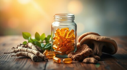 Natural Health Supplements: A jar of golden capsules with roots, leaves, and mushrooms on wooden table