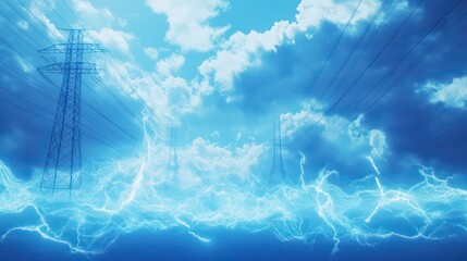 Abstract blue technology animation still depicting quantum waves and data flow, with energy pylon silhouette. Great for tech, energy, and futuristic concepts.