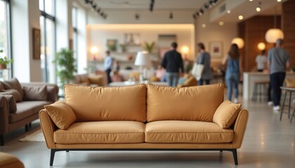 Sofa in furniture shop with blurred backdrop. Beige couch in interior, people walking by. Modern home design store background banner, promotions. Furniture retail shopping business presentation.