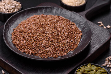 Flax seeds in a bowl, an ingredient for making vegan or vegetarian food