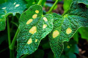 Cucumber leaves affected by downy mildew. Plant leaf disease. Cucumber disease.