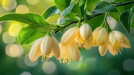 Fototapeta premium Delicate pale yellow flowers on branch, bathed in sunlight