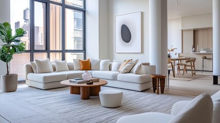 Sophisticated apartment staging showcasing modern neutral tones and stylish design elements