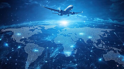 Obraz premium A world map with global network connections and an airplane flying above it, representing the international air cargo landscape.