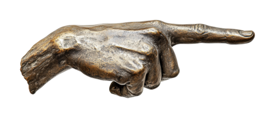 Bronze hand sculpture pointing finger with patina detail, cut out