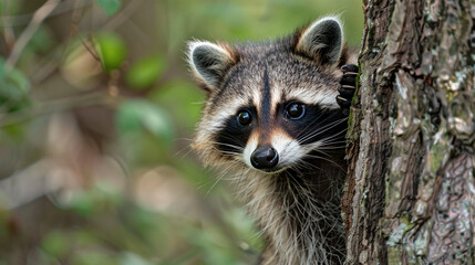 Fototapeta premium Close-up of a curious raccoon peeking from behind a tree, expressive eyes, playful wildlife moment