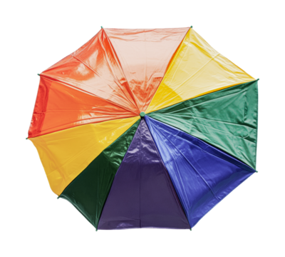 Colorful multicolored umbrella with red, orange, yellow, green, and blue panels, cut out