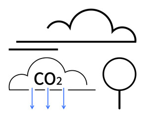 Minimal diagram of atmospheric layers, CO2 cloud with downward arrows, and a tree. Ideal for climate action, environmental science, carbon capture, sustainability, ecology, clean energy awareness