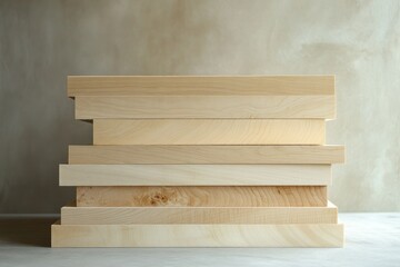 A neatly stacked pile of light-colored wood planks against a neutral backdrop.