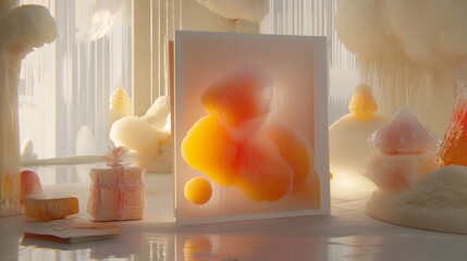 Creative minimalist composition showcasing a Mothers Day card and elegantly wrapped gift on a clean background with soft hues and delicate details