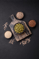 Peeled pumpkin seeds in a bowl, an ingredient for making vegetarian food