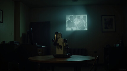 A projector hums faintly in a dark room