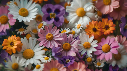 Fototapeta premium Flat lay of mixed wildflowers, daisies and buttercups, bright colorful floral arrangement