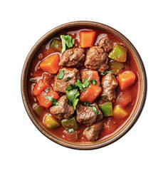 Hearty beef stew with vegetables in a bowl, cut out