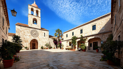 Fototapeta premium Scenic Courtyard View with Stone Buildings Blue Sky and Bell Tower in a European Town on a Sunny Day