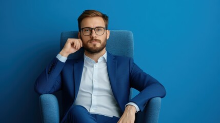 Confident caucasian male adult in blue suit relaxing on armchair