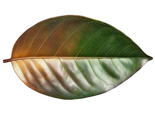 Isolated leaf displaying transitioning colors from green to brown showcasing delicate veins and smooth surface texture.