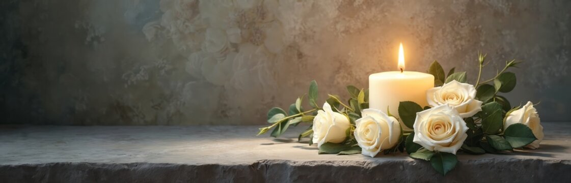 Memorial service background with white roses bouquet near candle on stone. Condolence card template with copy space for funeral, anniversary, grief or obituary. Stone surface, floral texture.