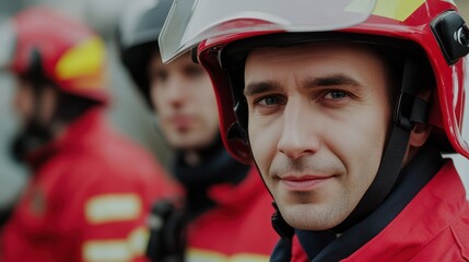 Caucasian male firefighter in red uniform and helmet smiling on duty