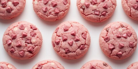 Obraz premium Delicious Pink Cookies with Chocolate Chips on White Background Sweet Treat
