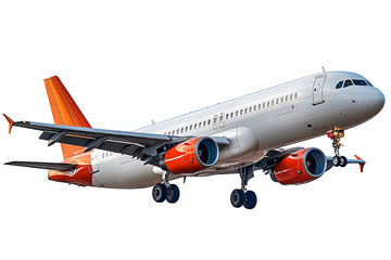 Obraz premium Passenger airplane preparing for landing with landing gears down orange and white livery isolated against a white background.