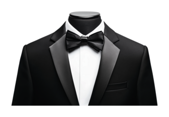 Elegant black tuxedo with satin lapel and bow tie on mannequin, cut out